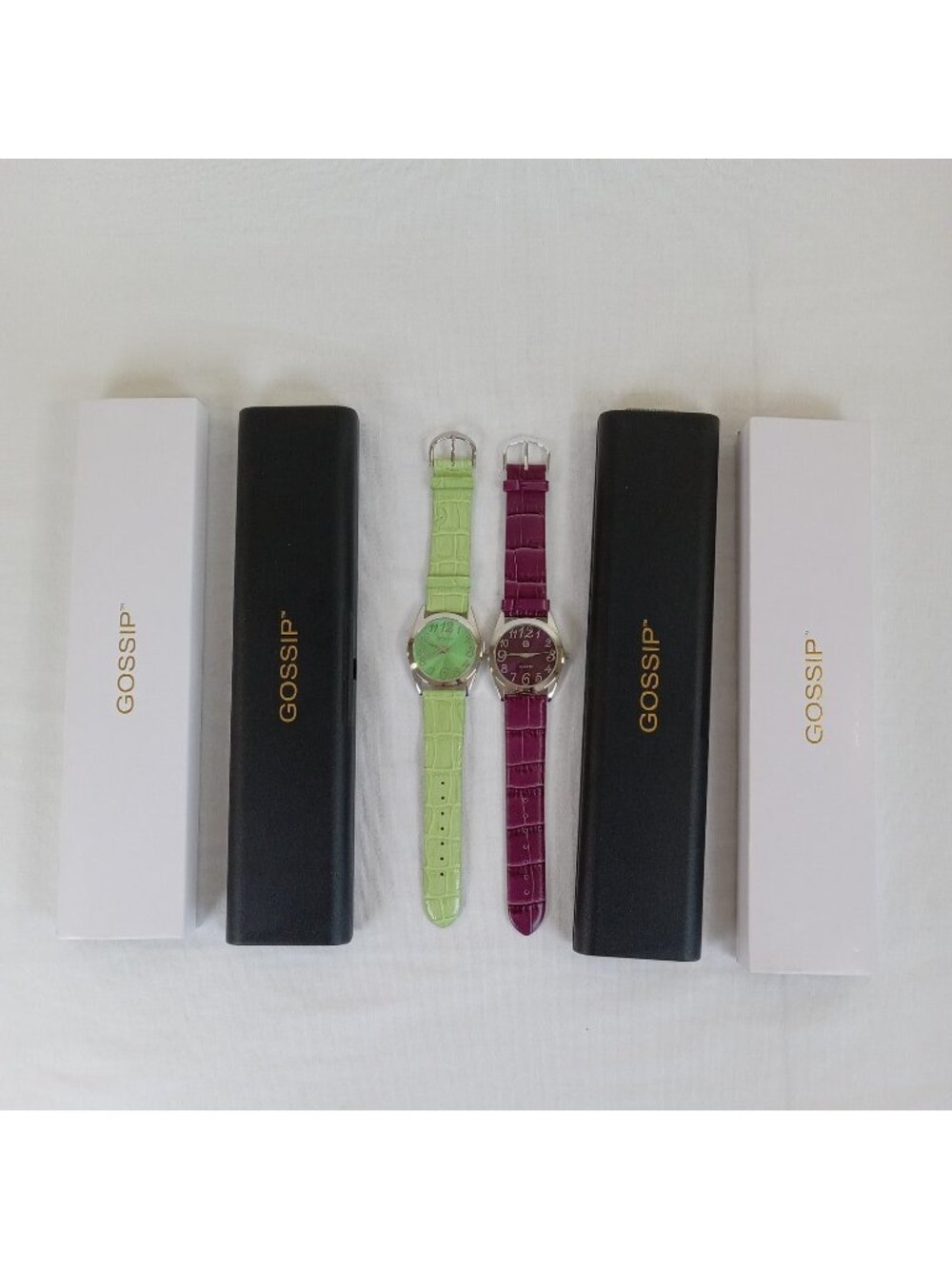 2 Gossip Women's Quartz Watches Green Purple Embossed Leather NEW BATTERIES